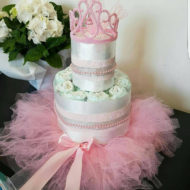 Pink tiara princess baby shower diaper cake in tulle dress