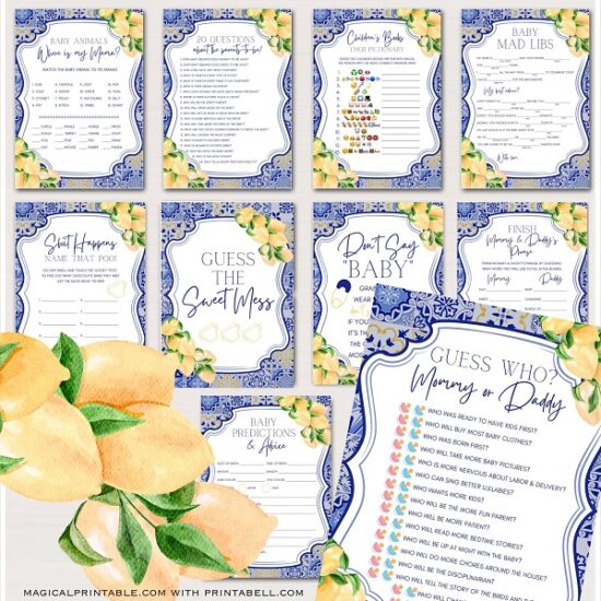 Blue Tiles and Lemon Baby Shower Games Bundle
