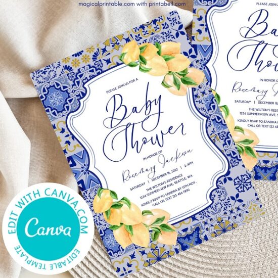Editable Blue Tiles and Lemons Baby Shower Invitation