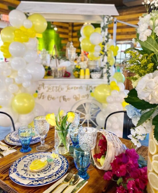 beautiful blue and yellow lemon baby shower tablescape