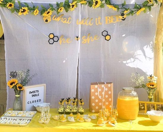 sunflower and bees gender reveal sweet table treats