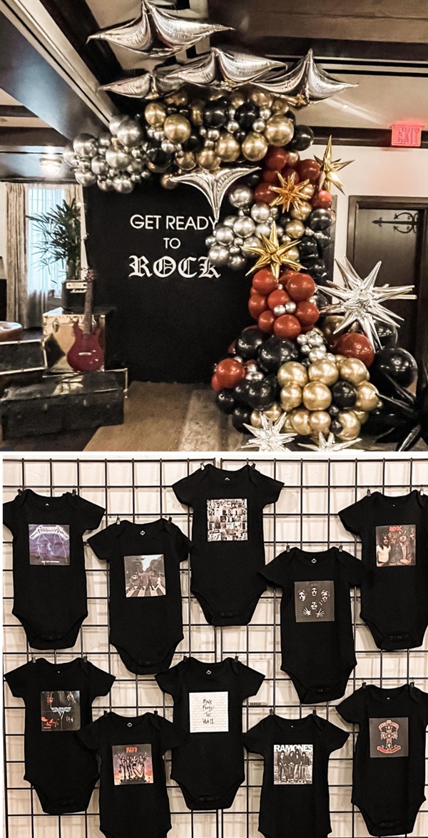Rock A Bye Baby Shower backdrop and onesies