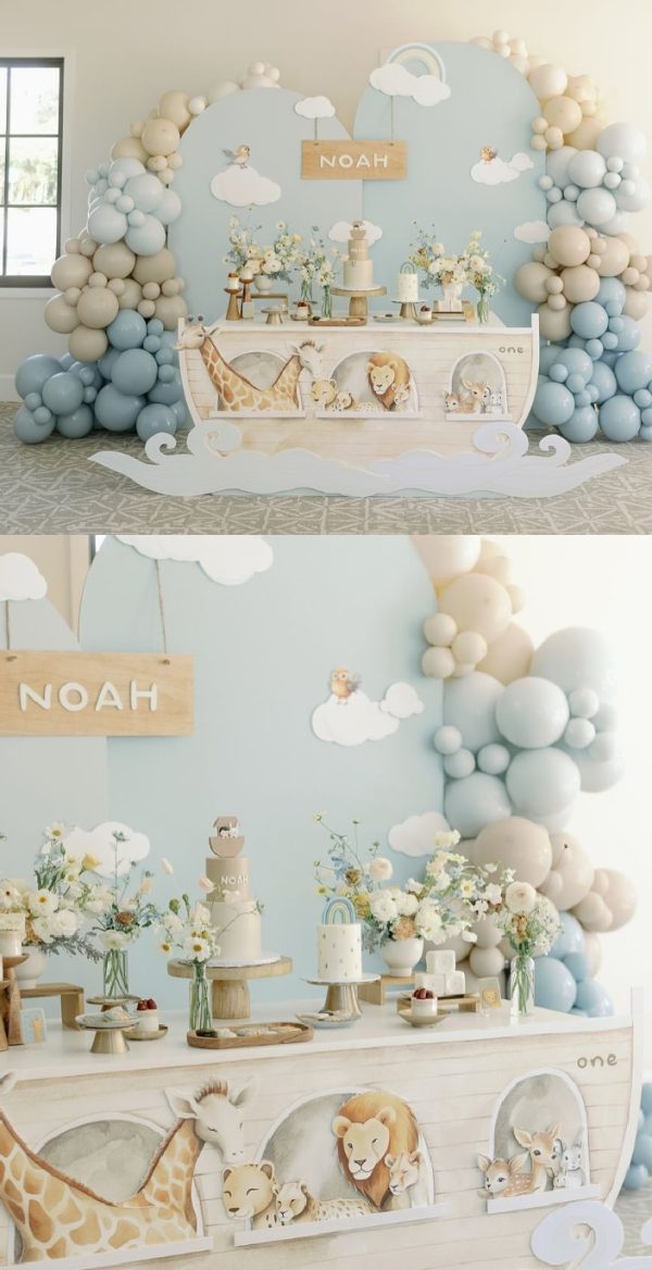 elegant noahs ark baby shower dessert table