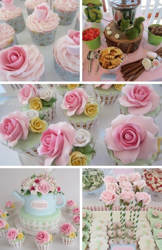 garden tea party baby shower cake and setup