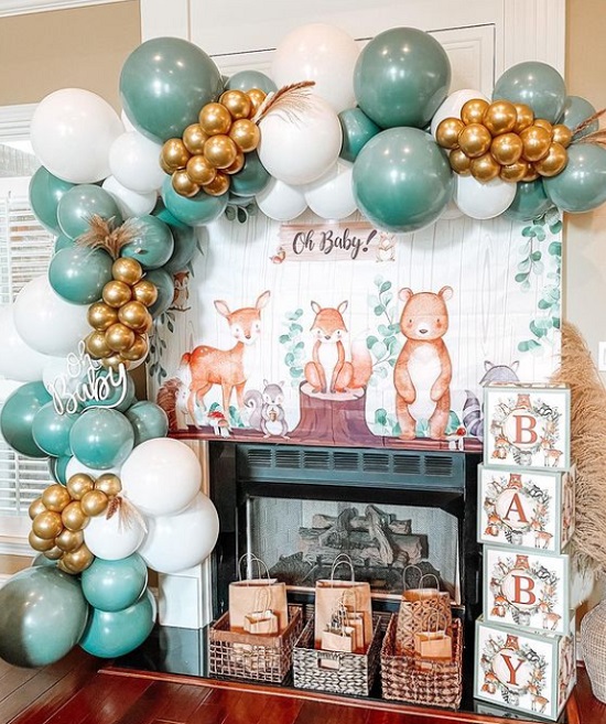 green and gold elegant woodland baby shower decorations