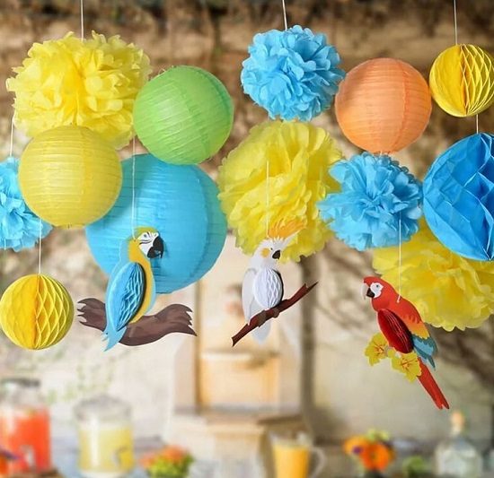 paper birds with poms and paper flowers