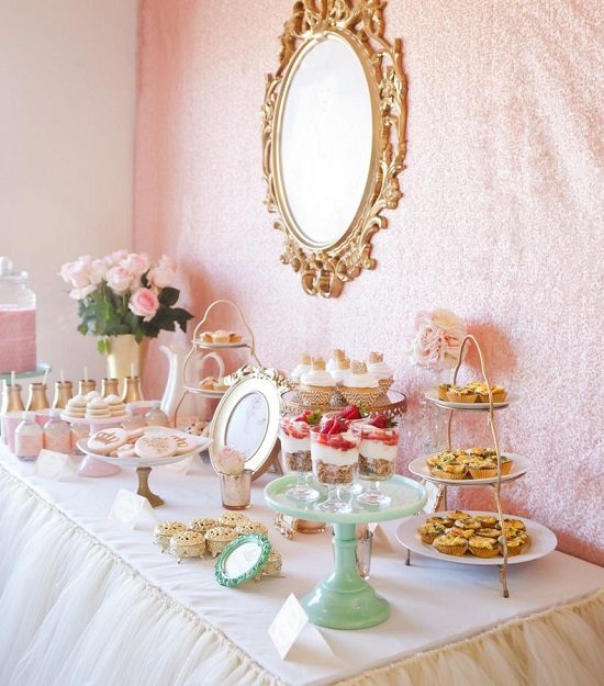 tea party tulle skirt buffet table setup