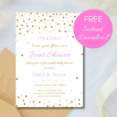Free Editable Invitation joint shower pink and gold