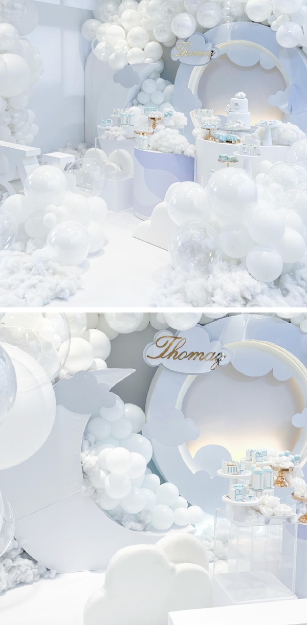 elegant white themed moon and sky baby shower