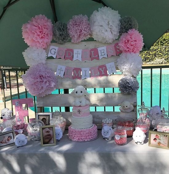 pink little lamb baby shower dessert table