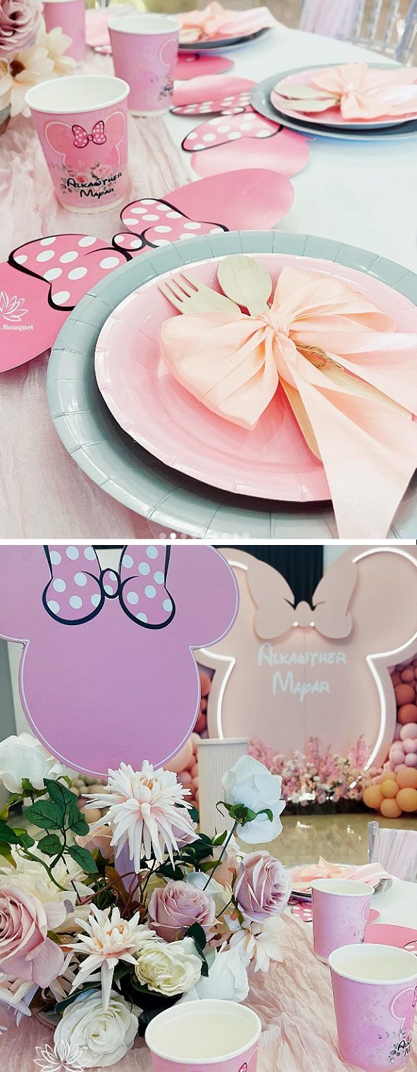 dreamy minnie mouse baby shower table setup