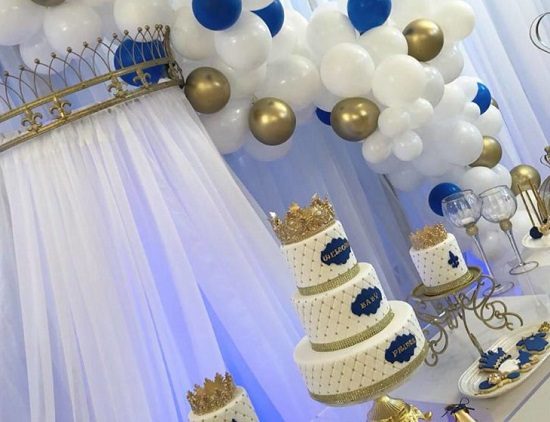 gold white royal prince dessert table setup