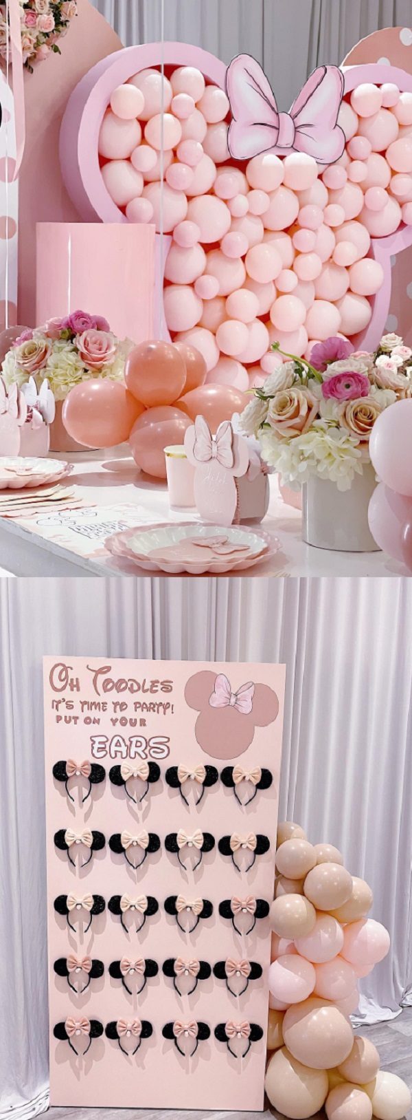 gorgeous minnie mouse baby shower table setup and ears