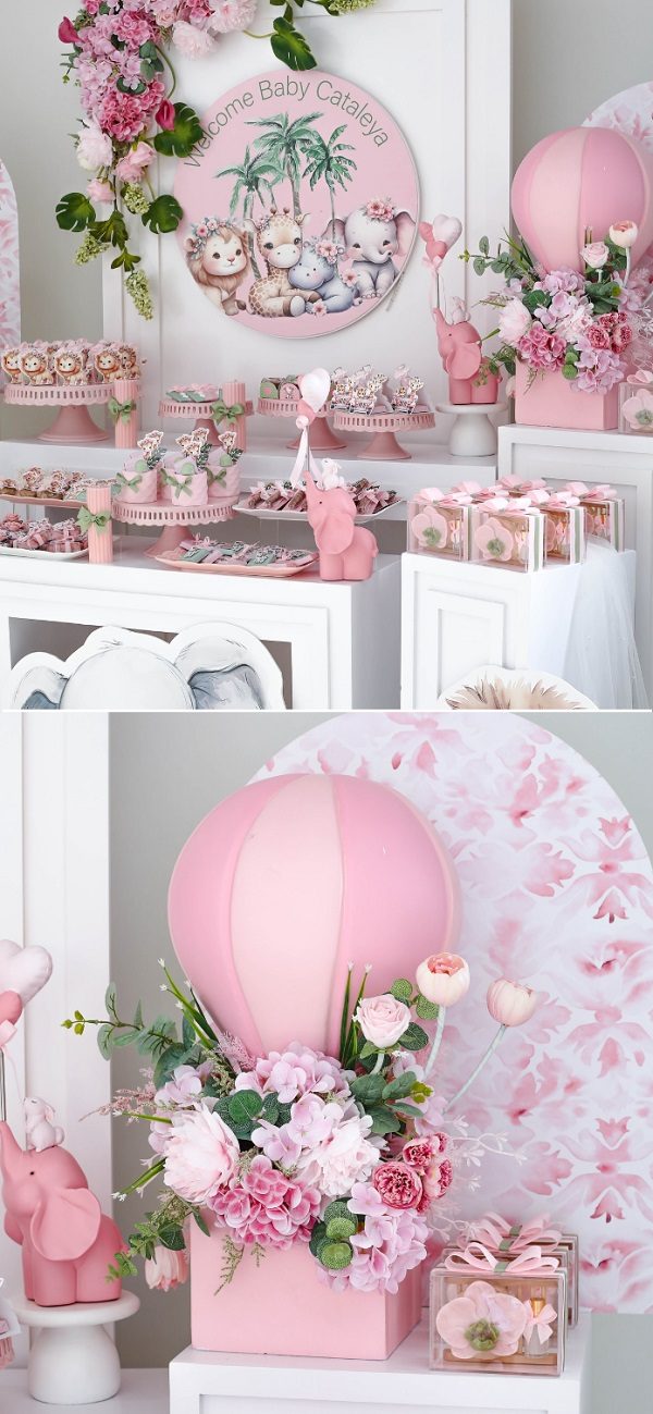 its a girl safari animals baby shower setup