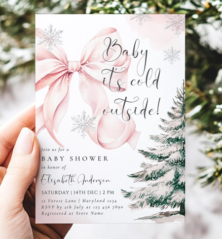 Pink Bow Baby It's Cold Outside Baby Shower Invitation