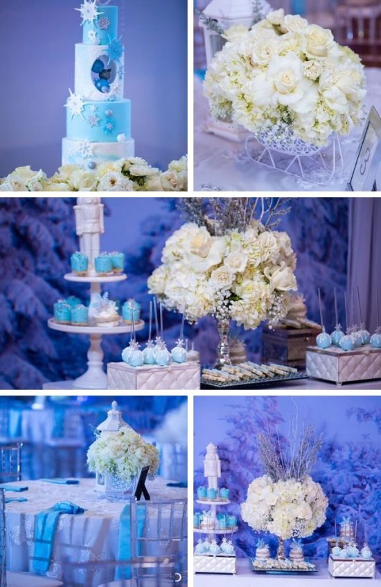 blue winter wonderland baby shower setup