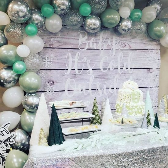 silver and green baby its cold outside dessert table