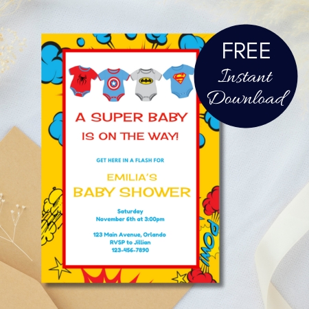 Free Editable Invitation superhero baby