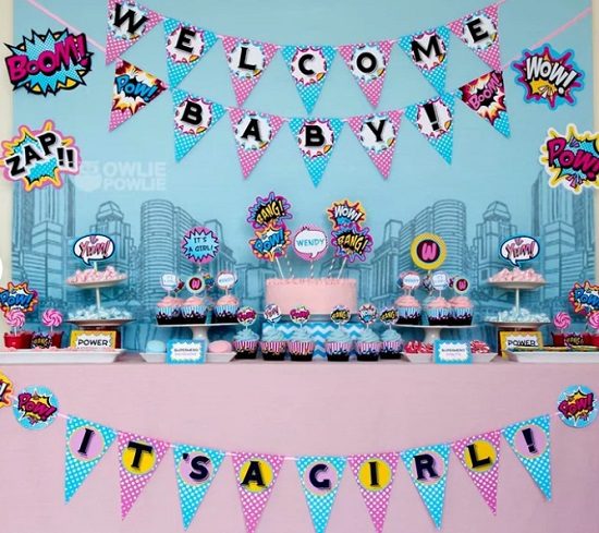 Pink superhero baby shower party printable