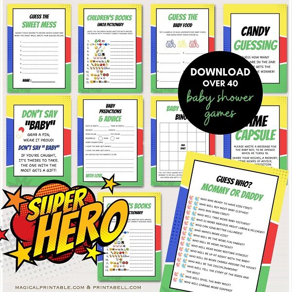 superhero baby shower games bundle