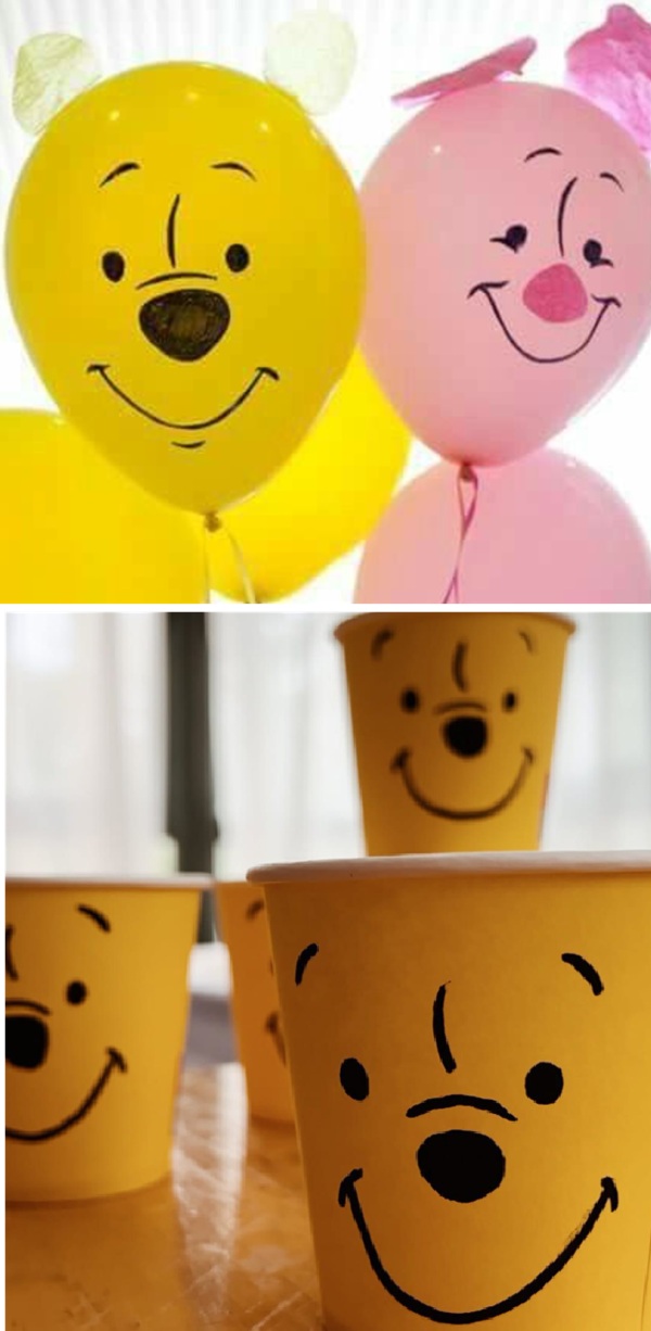 handmade winnie pooh paper cups and balloons