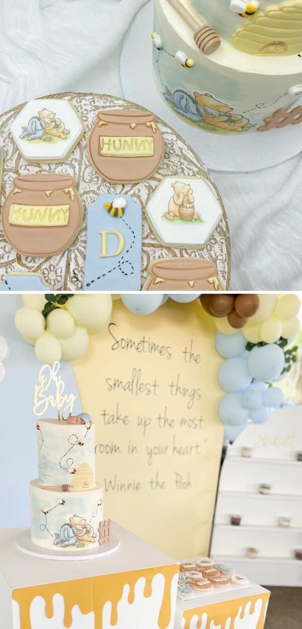 pastel blue and yellow winnie the pooh cake and cookies