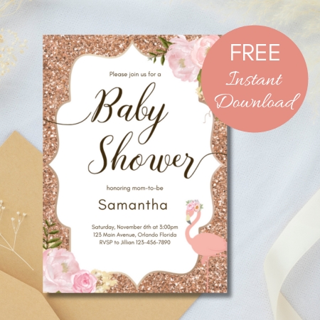 Free Editable Invitation Flamingo Rose Gold