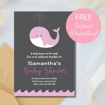 Free Editable Invitation pink whale
