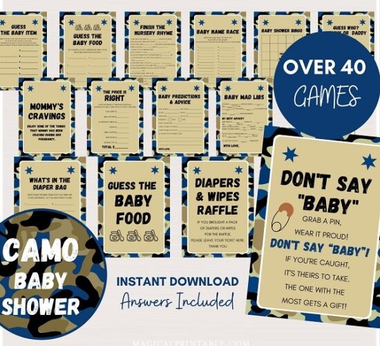 blue camo baby shower game templates