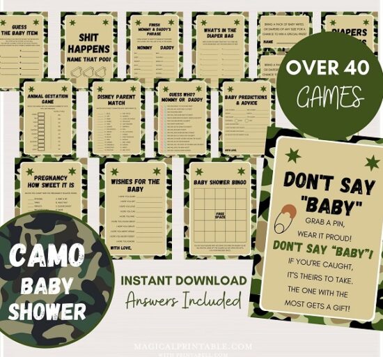 camo baby shower game bundle