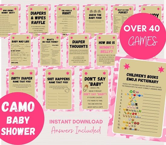 pink camo baby shower game templates