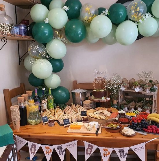 rustic woodland baby shower food table