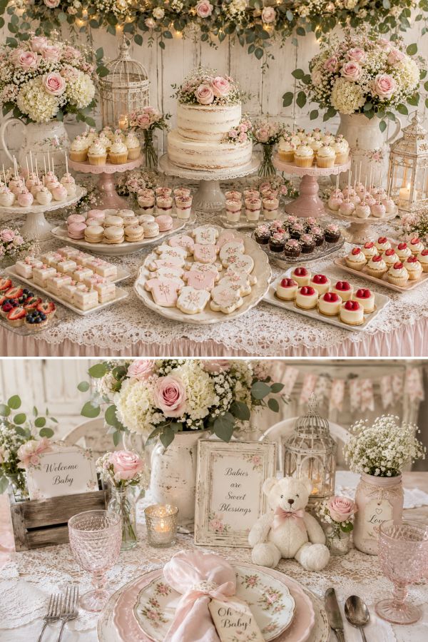 sweet girl chic teddy bear baby shower setup