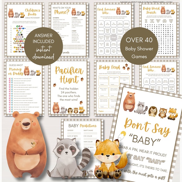 woodland baby shower games bundle