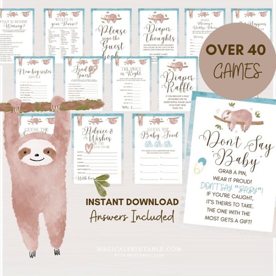 Printable Sloth Baby Shower Games Bundle
