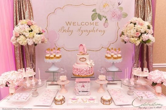 beautiful ballerina baby shower setup