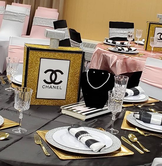 chanel themed baby shower guest table