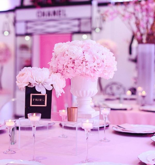 chanel themed baby shower guest table centerpiece