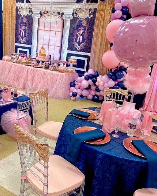 grand pink and navy blue ballerina baby shower party