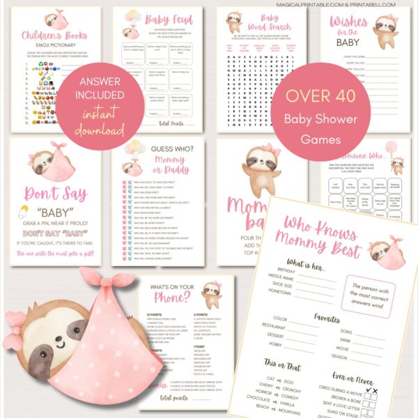 pink sloth baby shower games package