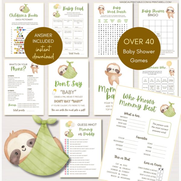printable gender neutral sloth baby shower games
