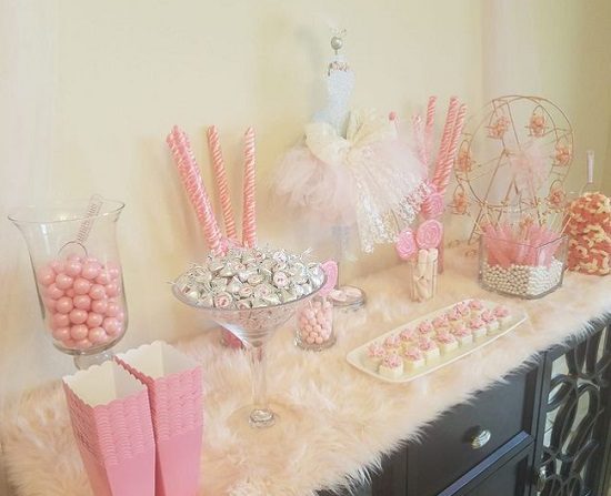 sweet pink ballerina baby shower dessert table