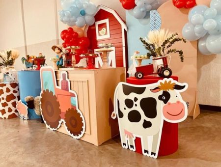 farm animal baby shower dessert table setup