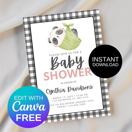 editable pink panda invitation