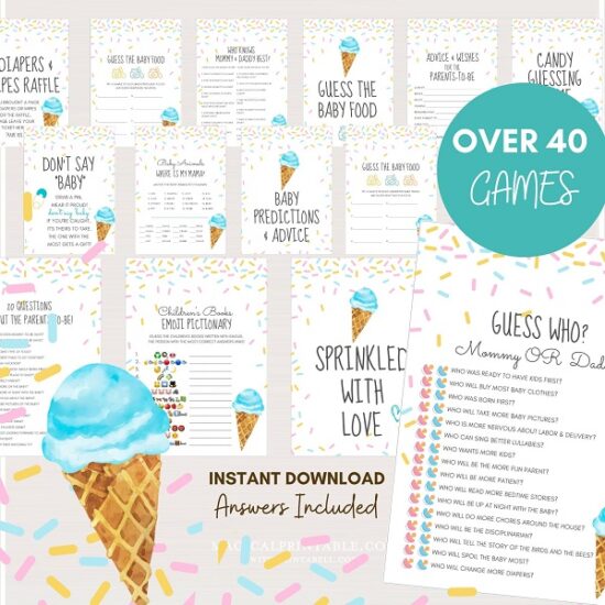 Blue Ice Cream Sprinkle Baby Shower Games and Signs Bundle