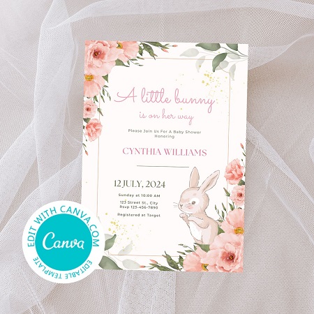 editable little bunny is on the way easter baby shower invitation