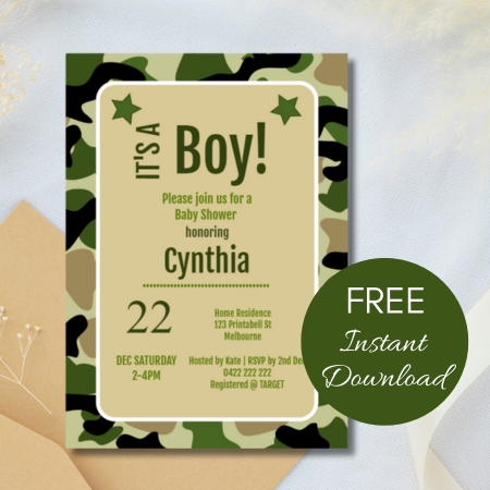 Free Editable Invitation camo baby
