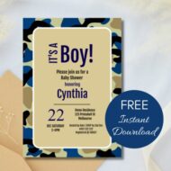 Free Editable Invitation camo baby blue