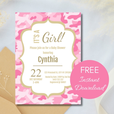 Free Editable Invitation camo baby pink