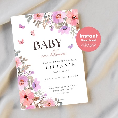 editable baby in bloom invitations - pink purple butterfly